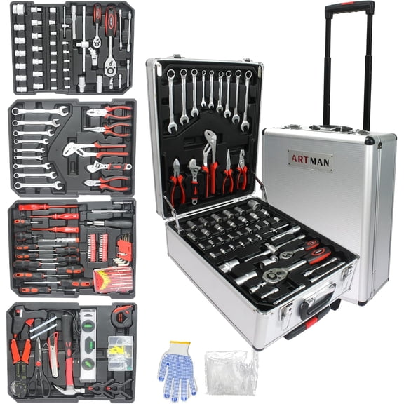 899-Piece Household Tool Set with Complete Hand Tools, Mechanic Toolbox Set with Rolling Case, Tool Set for Home/Auto Repair,Silver