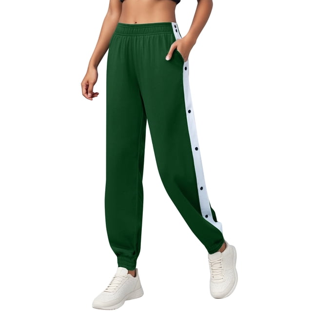 Pantalones deportivos casuales con puños abotonados para mujer: corte holgado, diseño con botones, ideales para hacer ejercicio o estar por casa. Tallas: S-XL.