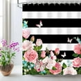 thumbnail image 2 of Striped Shower Curtain with Pink Roses, Pink Shower Curtain，Butterfly Shower Curtains Set with Hooks, Girly Shower Curtain for Bathroom 72x72 Inches, 2 of 5