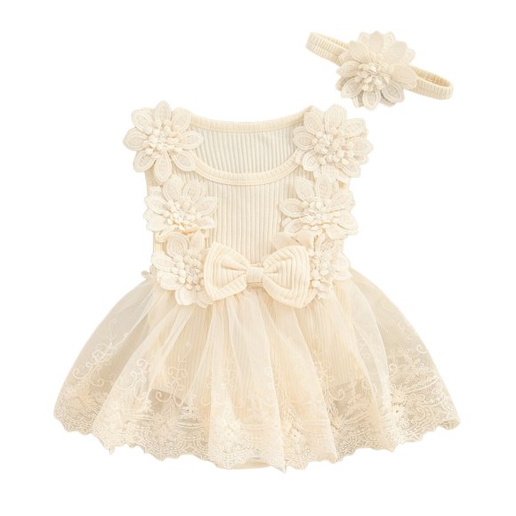 2DXuixsh Toddler Girls Dresses Floral Skirt Tulle Tutu Dress for Toddler Girls Hatsuit Children Birthday Full Moon Soft Yarn Flower Hatskirt Baby Girl Clothes Beige 6-12 Months
