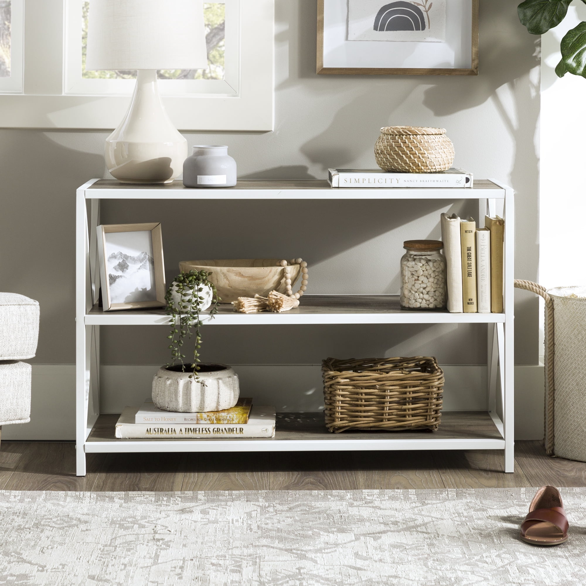 Walker Edison 40" Industrial Frisco X-frame Bookcase, Grey Wash / White