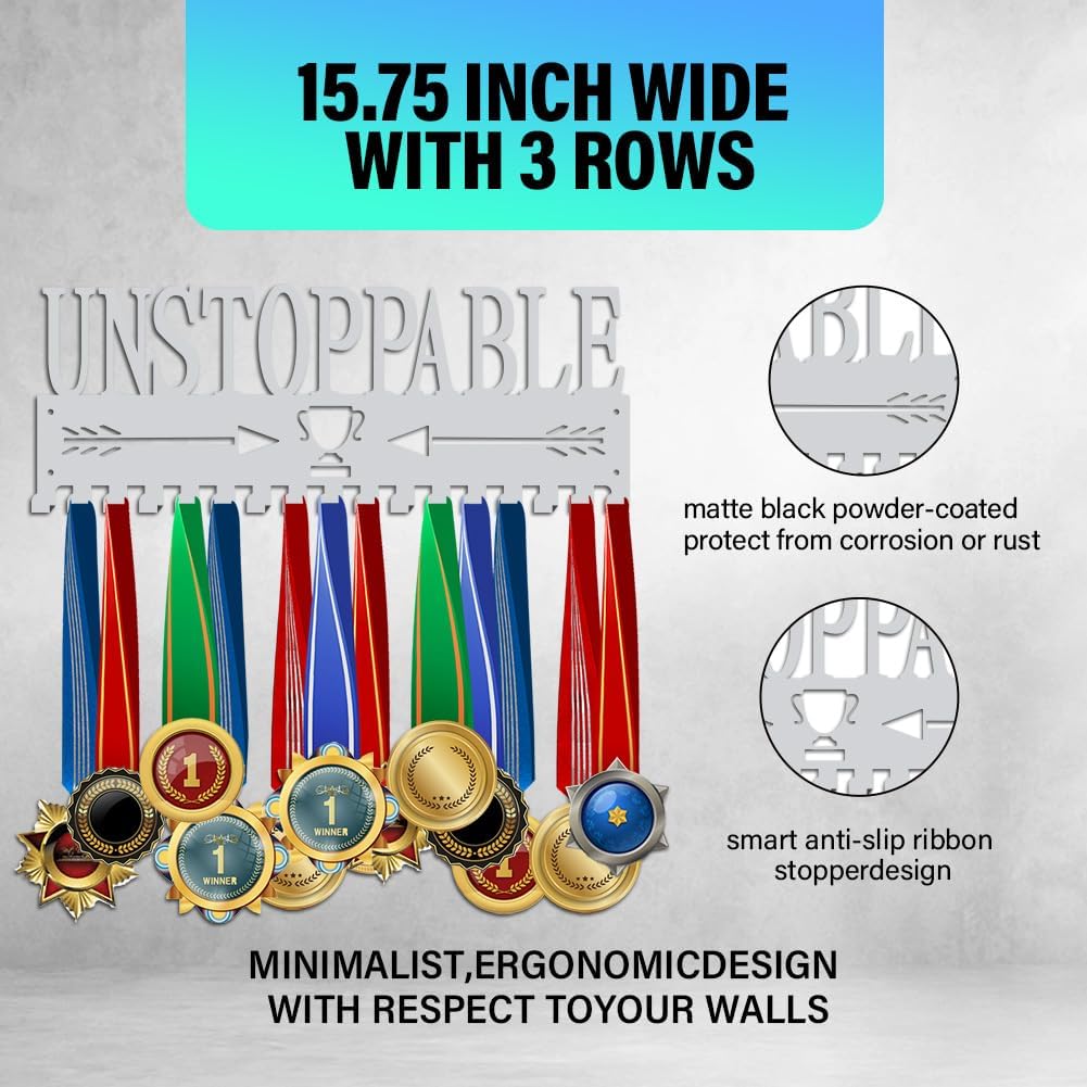 Unstoppable Medal Holder Silver Medals Display Frame 17 Hooks Medals Display Metal Medal Rack Holder Sport Awards Ribbon Holder Wall Mount Award Rack DIY