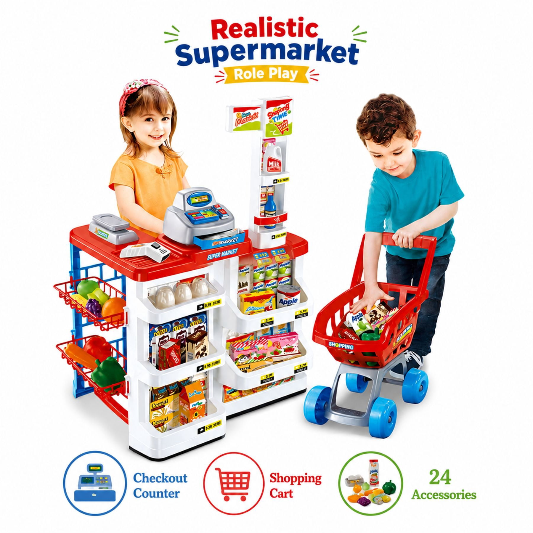 Mundo Toys Kids Supermarket Playset with Shopping Cart, Light & Sound Scanner, 24 Accessories