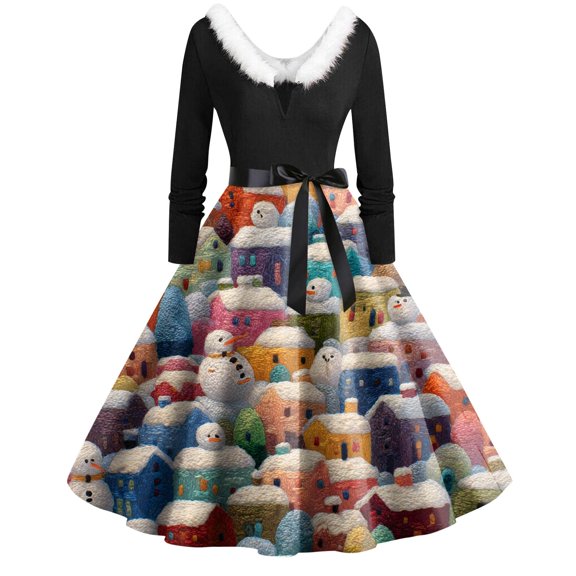 Women's Fashion Round Neck Casual Slim Christmas Printed Long Sleeve Dresses, V-Neck, Plush Christmas Tree Print, Audrey Dress, Retro Style, Party Wear,Blue,3XL