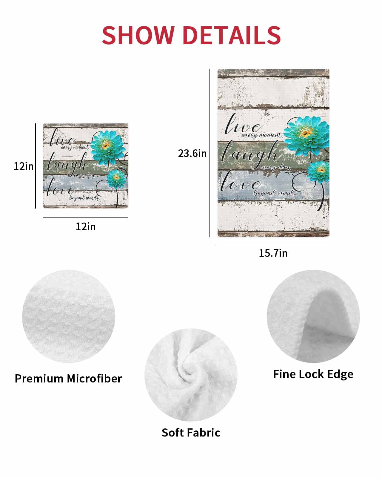 Teal Floral Kitchen Dish Towels for Drying Dishes Set of 4, Farmhouse Green White Blue Wooden Waffle Weave Microfiber Terry Hand Tea Bathroom Towels Quick Dry & Absorbent Towel 12x12