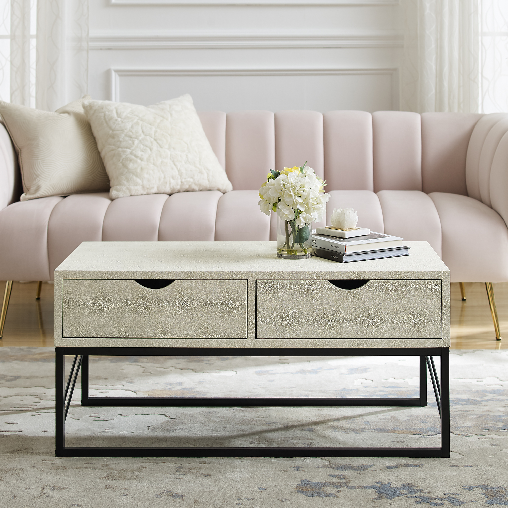 Manor Park Modern Eclectic Faux Shagreen Coffee Table, Off-White