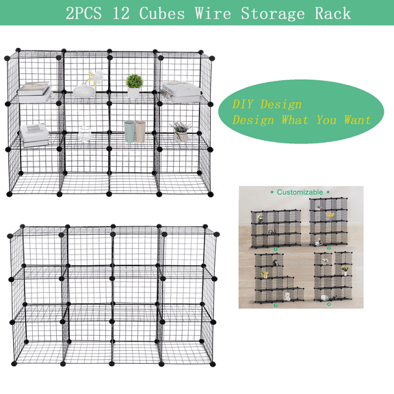 WYDK 2PCS 12-Cube Storage Organizer Metal, C Grids Storage Bins Shelving, Modular Bookshelf Shelf, Closet Cabinet Ideal for Bedroom, Office 36.6”L x 12.4”W 48.4”H Black