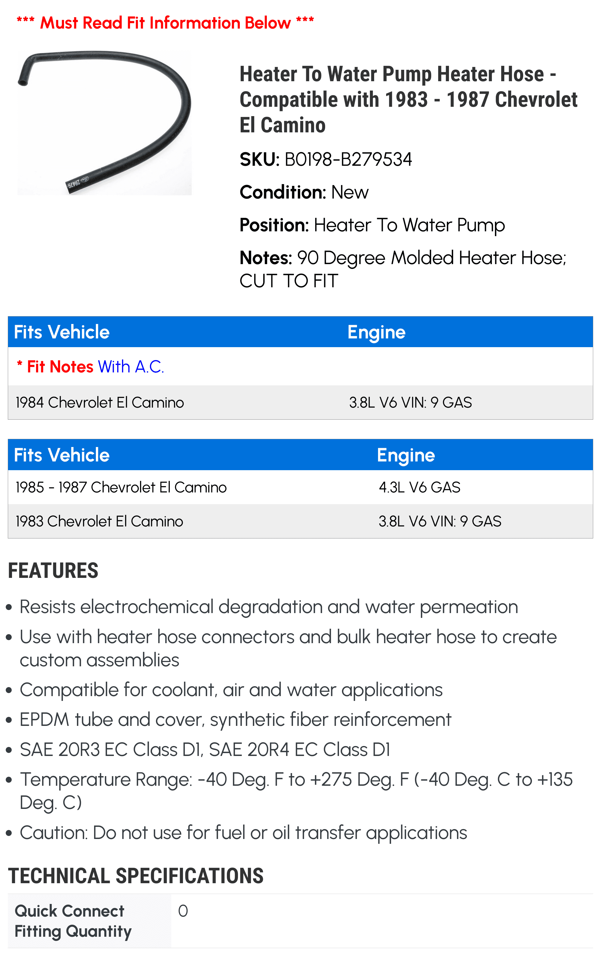 Heater To Water Pump Heater Hose - Compatible with 1983 - 1987 Chevrolet El Camino - Gates