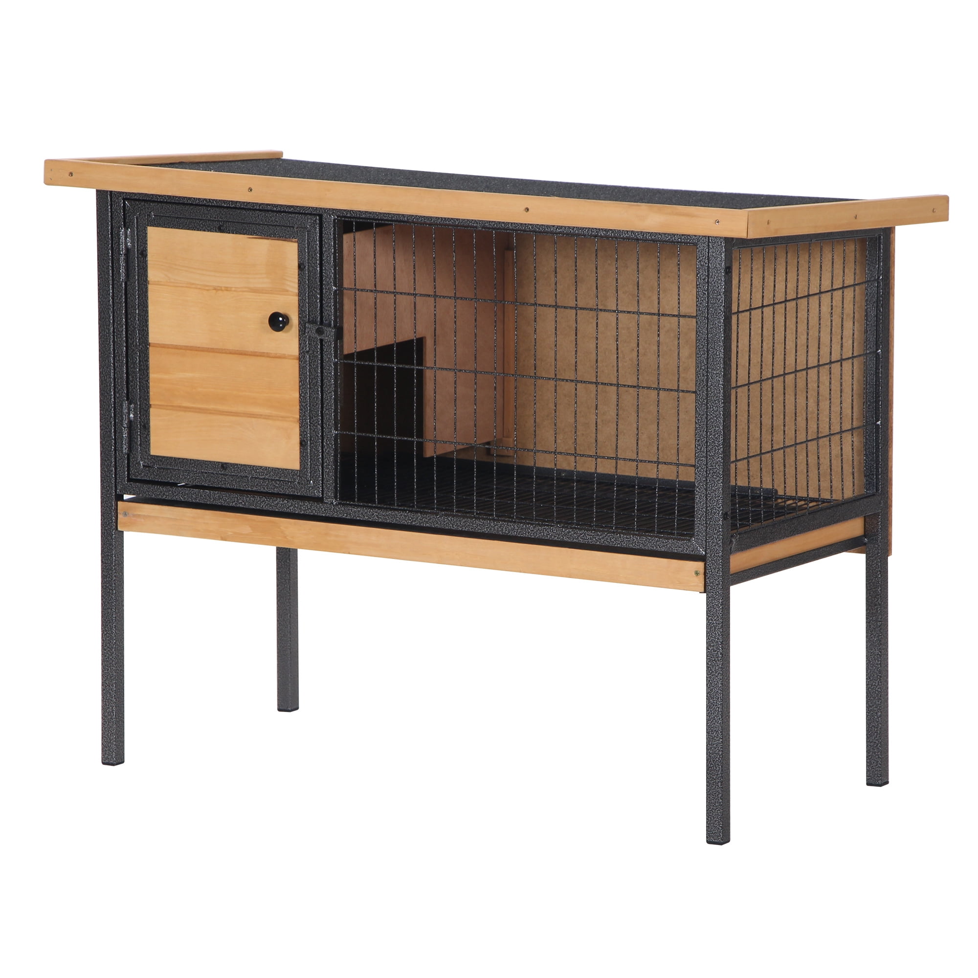 Rabbit Hutch Elevated Bunny Cage Small Animal Habitat with Metal Frame, No Leak Tray, Mtetal Wire Pan and Openable Water-Resistant Asphalt Roof for Indoor Outdoor, Natural Wood