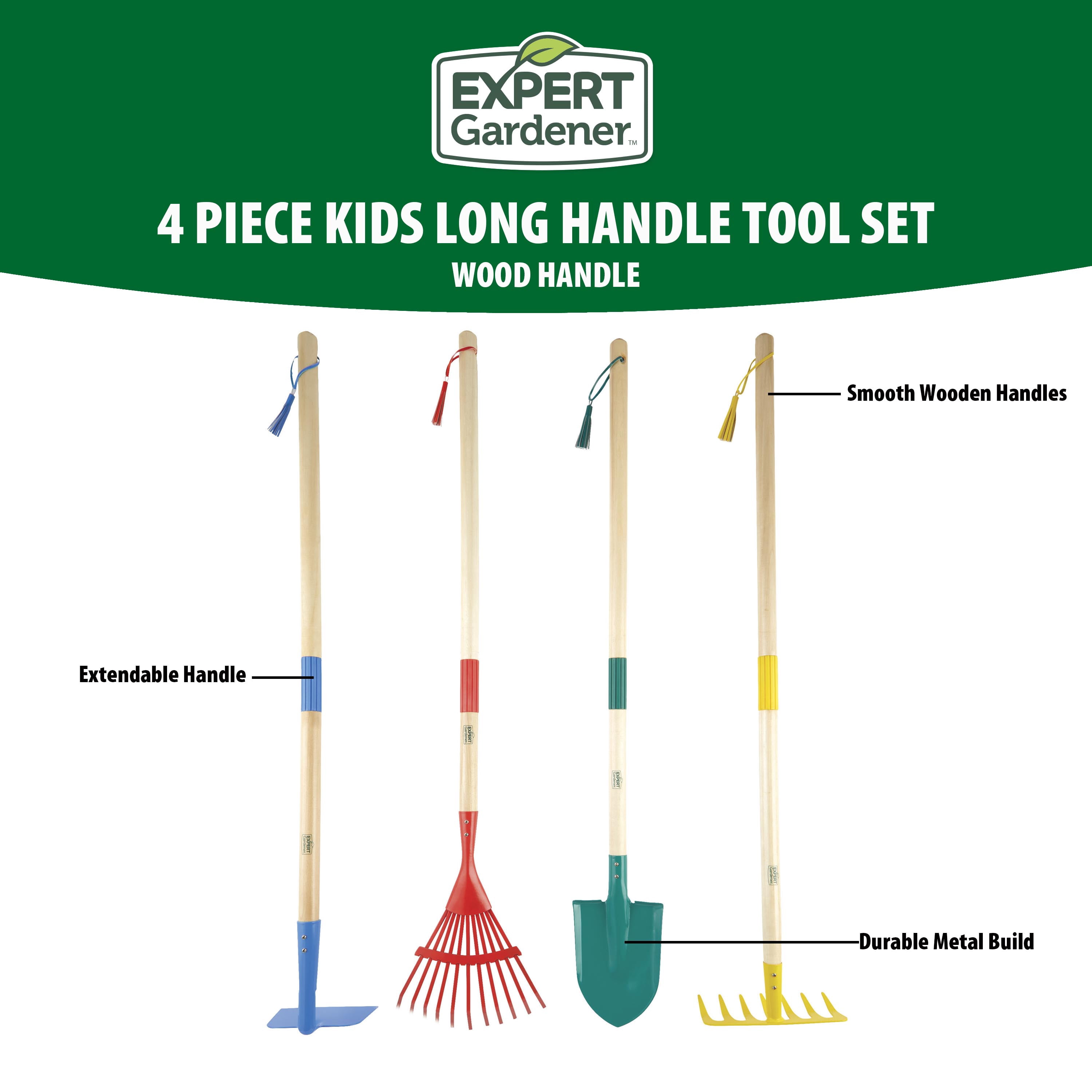 Expert Gardener 4-Piece Kids Long Handle Gardening Tool Set, Hoe, Bow Rake, Leaf Rake, Shovel