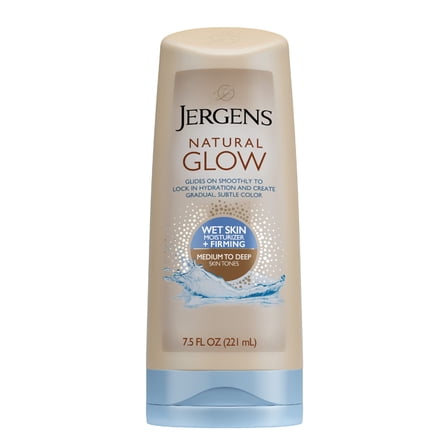 Jergens Natural Glow  FIRMING CI30 In-shower Self Tanner Sunless Tanning for Medium to Deep Skin Tone, Anti Cellulite Firming Body for Gradual and Natural-Looking Fake Tan, 7.5 Ounce