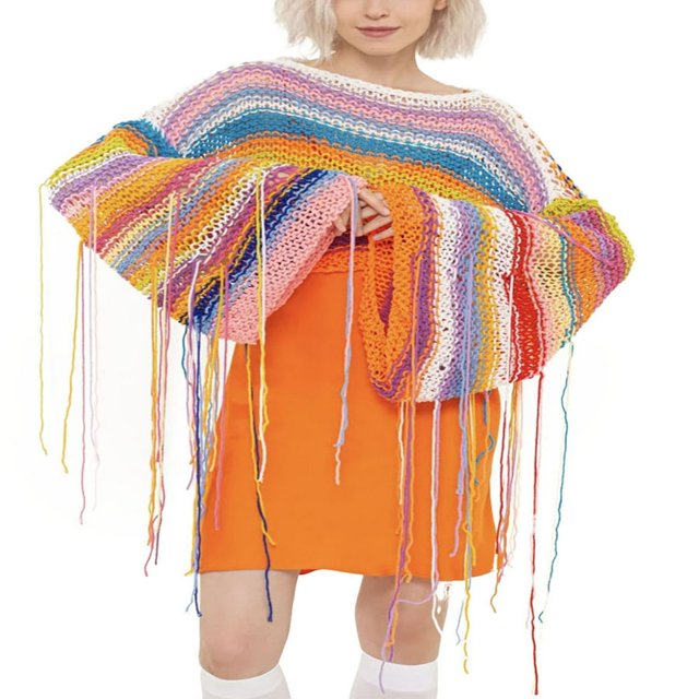 PENGXIANG Tops en Tricot à Manches Longues à Imprimé Pompon Rayé pour Femmes