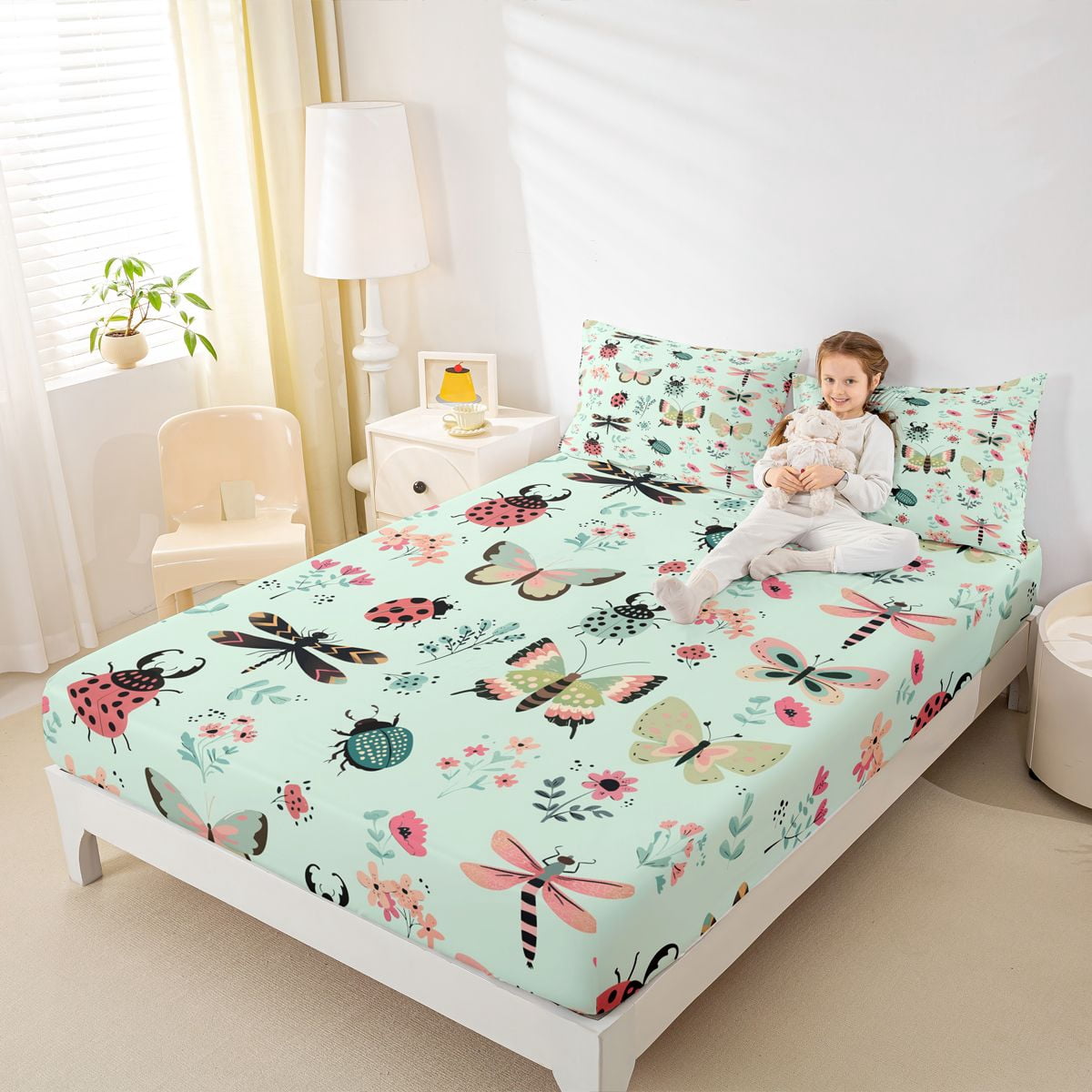 Homewish Teens Insect Lover Twin Sheet Sets, Cute Moth Dragonfly Ladybug Twin Fitted Sheet, Rustic Flower Floral Flat Sheet, Lightweight Room Decor, 3pcs