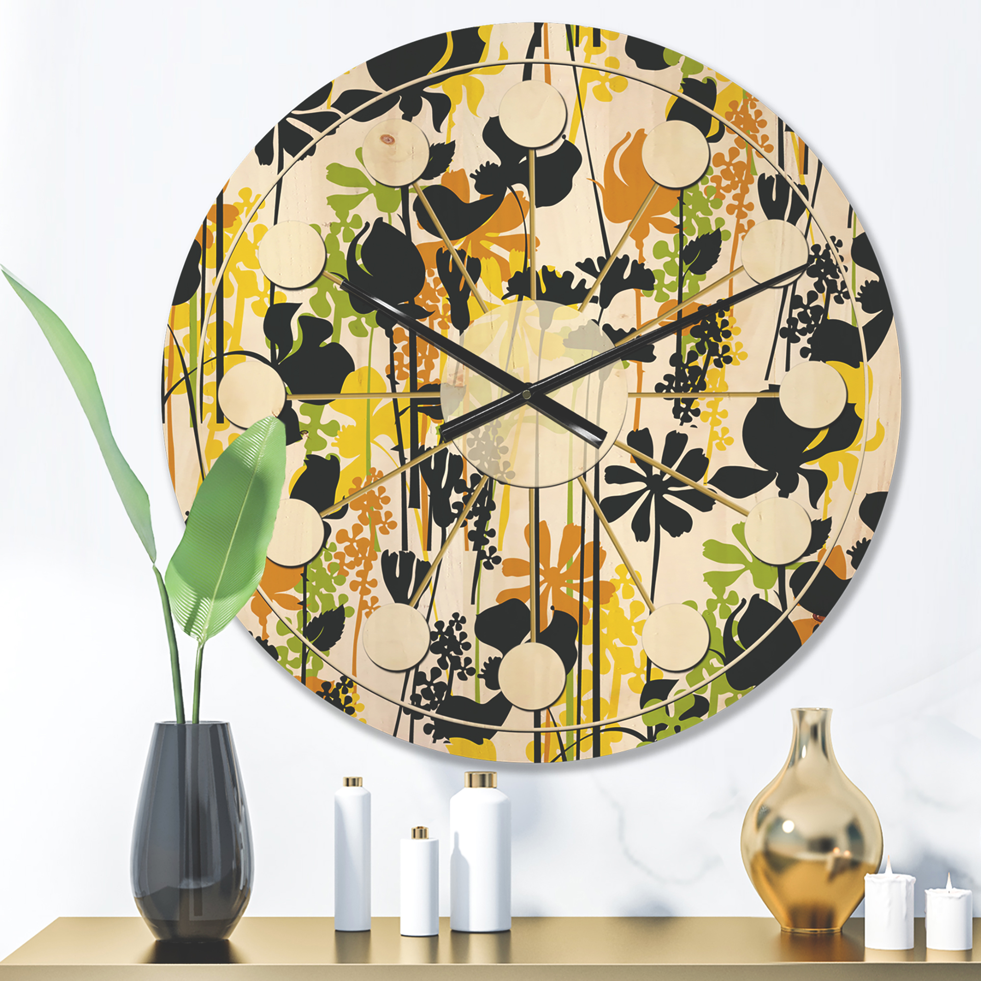 Designart 'Summer Meadow Pattern, Black silhouettes On White' Mid-Century Modern Wood Wall Clock