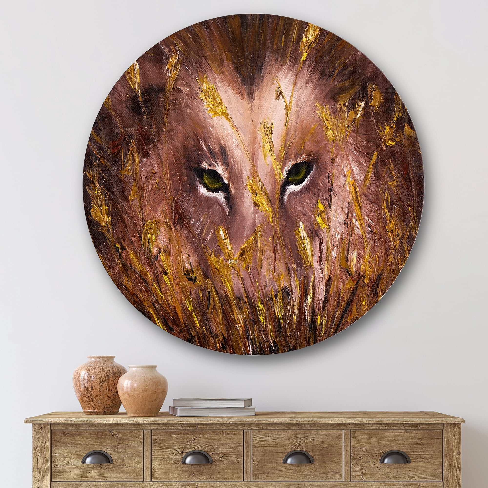 Designart 'Close Up Of Wolf Eyes In The Grass' Farmhouse Circle Metal Wall Art 36x36 - Disc of 36