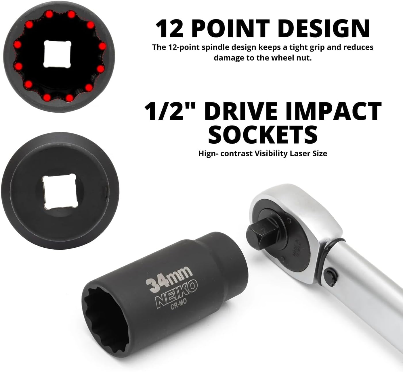 NEIKO 02530A 5 Piece 12 Point Socket Set 1/2” Drive, Lug Nut Remover, Spindle Nut Socket, Axle Nut Socket Set, Metric 30mm - 36mm Socket 1/2 Drive Impact Set, Cr-Mo Impact Adapter, 3/4" -1/2” Reducer