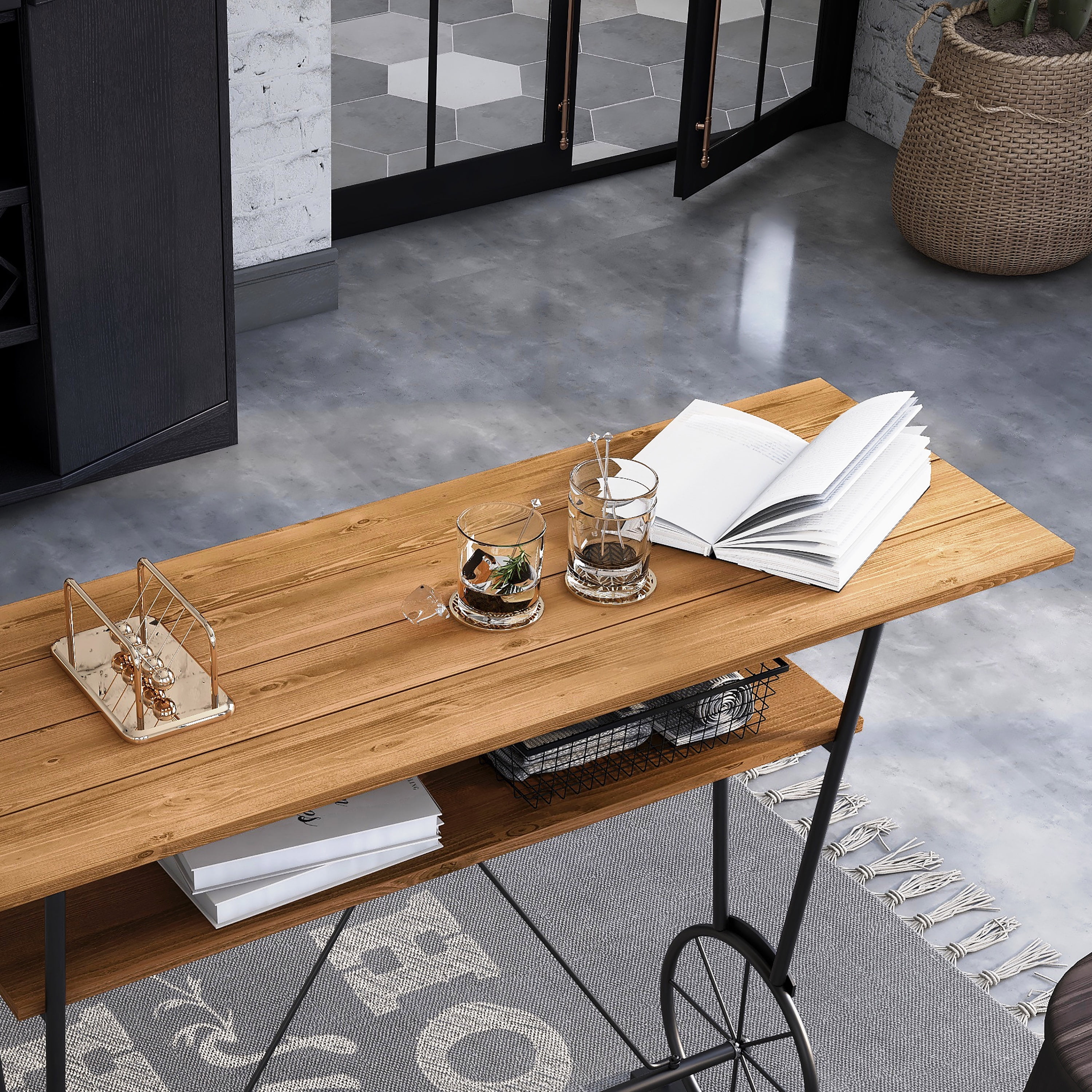 Lodz 1-Shelf Metal Bar Table, Warm Oak and Black