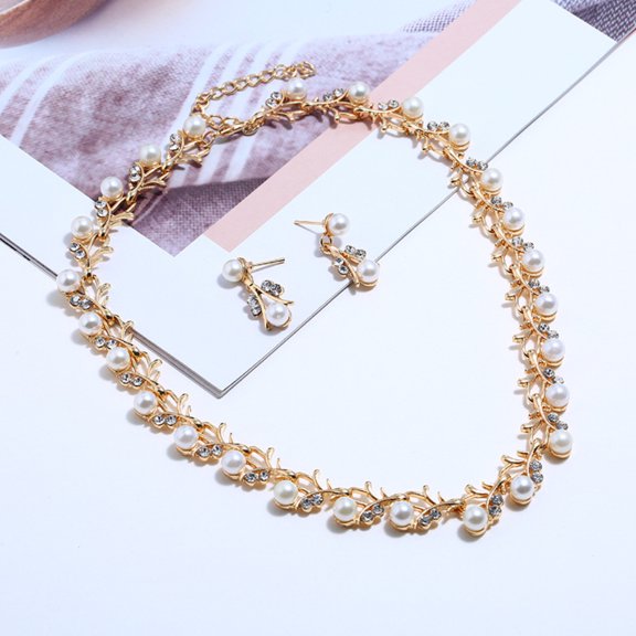 OPOLSKI Elegant Faux Pearl Rhinestone Necklace Earrings Bracelet Bridal Necklace   Earrings