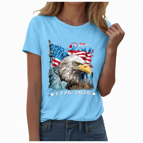 Yindaity Womens Patriotic Tops Womens American Flag Shirt 4th of July T-Shirt Patriotic Short Sleeve Tee USA Flag Stripe Star Summer Blouse Tops(Sky Blue,2XL)