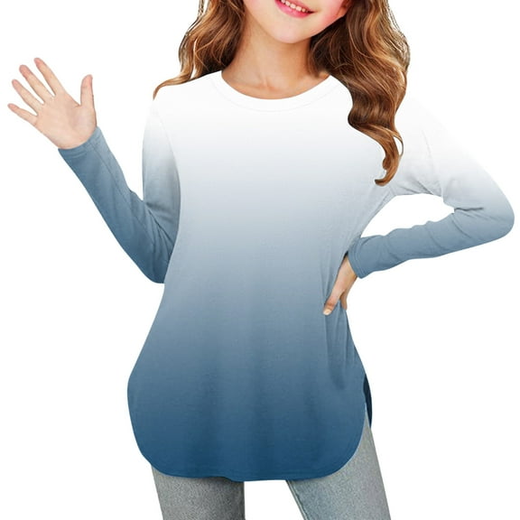 UQJfacai Girls Long Sleeve Shirts Kids Gradient Graphic Crewneck Tops Fall Curve Hem Side Slit Casual Cute Blouses Tee 3-12 Years