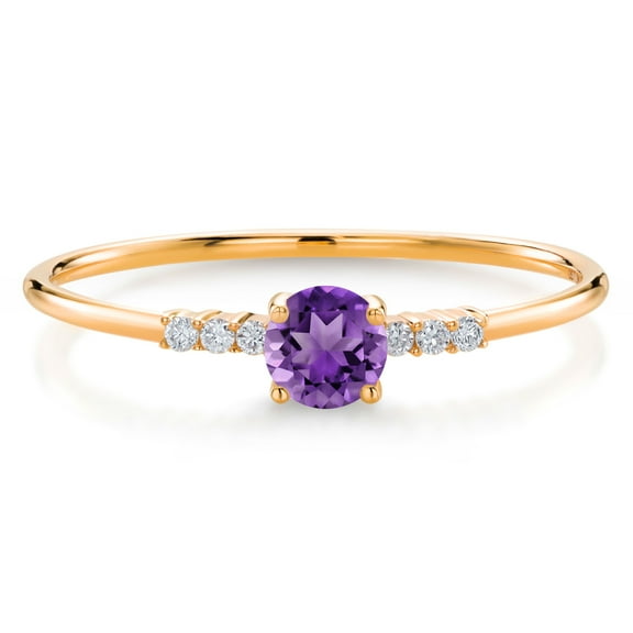 Gem Stone King 10K Yellow Gold Purple Amethyst and White Lab Grown Diamond Engagement Ring for Women (0.20 Cttw, Round 3.5MM, Gemstone February Birthstone, Size 5)