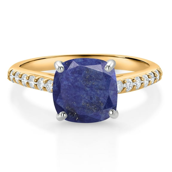 Gem Stone King 10K Yellow Gold 8MM Cushion Cut Blue Lapis and White Lab Grown Diamond Engagement Ring for Women (2.18 Cttw, Gemstone, Size 5)