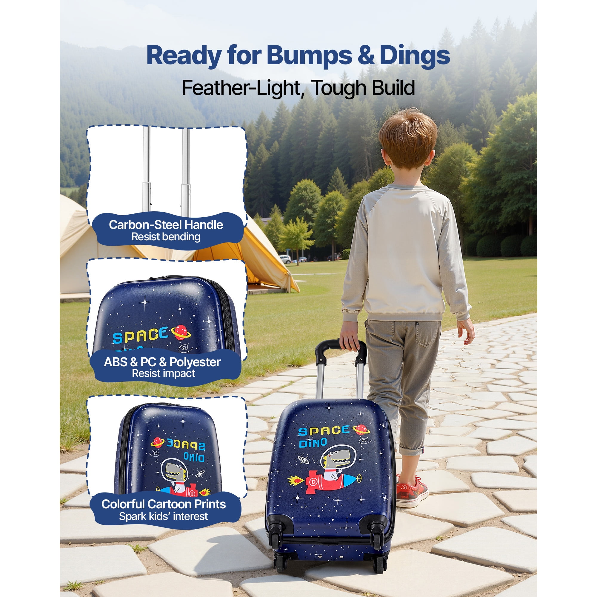 KFFKFF Kids Luggage Set, 2-Piece, 18-Inch Rolling Suitcase with Hard-Shell Backpack, Dinosaur-Themed Carry-On for Children, Travel Gift for Boys & Girls, Airline Compatible