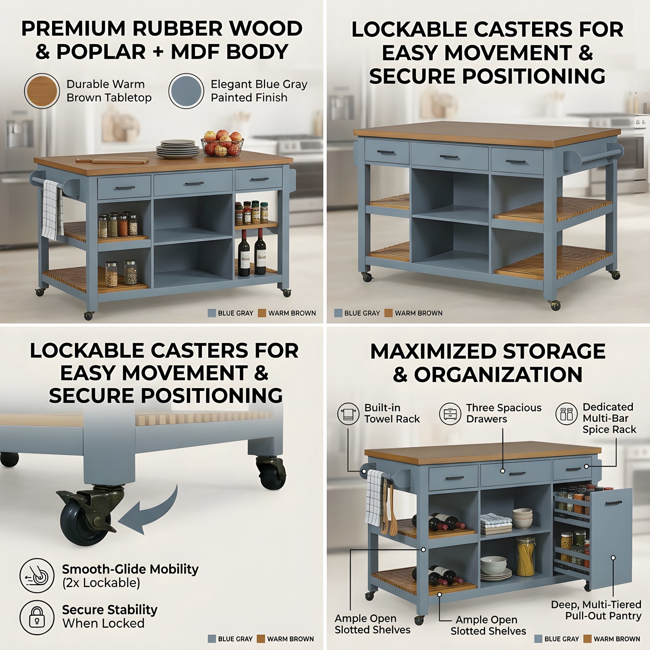 Christopher Knight Home 52" Modern Kitchen Island Cart with Wood Top, Storage Cabinet, Blue Gray