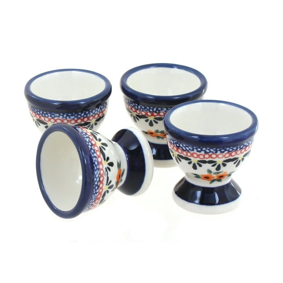 Blue Rose Polish Pottery Floral Butterfly Egg Cup Set