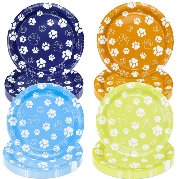 PTECDROTS 40Pcs Blue Orange Yellow Gray Dog Paw Print Plates - Dog Paw Print Birthday Decorations,  Girls and Boys Blue Dog Puppy Theme Party Supplies