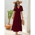 thumbnail image 5 of Boho Dot Summer Maxi Dresses for Women Wrap V Neck Short Sleeve Long Flowy Church Wedding Guest Dress Red S, 5 of 8