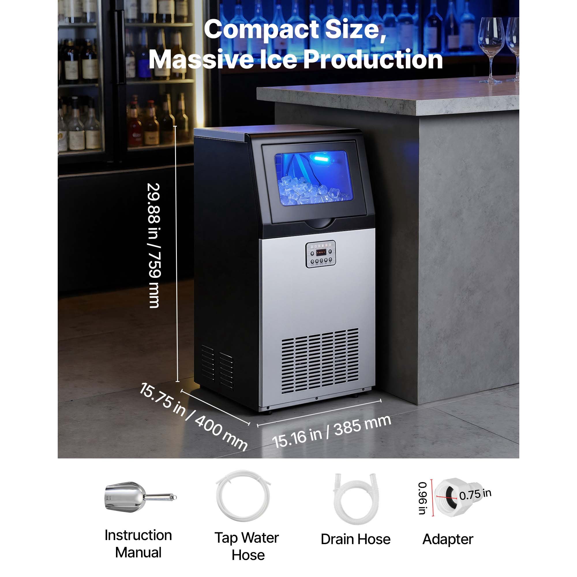 KFFKFF Commercial Ice Maker Machine 100Lbs/24H 30Lbs Storage Stainless Steel LED Self-Cleaning Built-in Freestanding Undercounter Ice Maker for Home Bar Restaurant