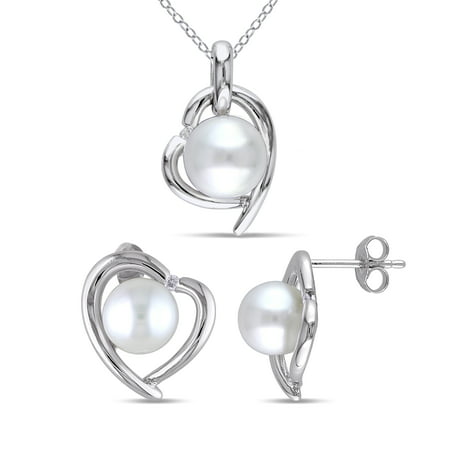 Miabella 8-9mm White Cultured Freshwater Pearl and Diamond-Accent Sterling Silver 2-Piece Heart Pendant and Earrings Set