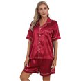 thumbnail image 2 of TiaoBug Women Mens Pajamas Set Satin Lapel Short Sleeve Shirts with Shorts 2-Piece Nightwear Burgundy XXL, 2 of 7