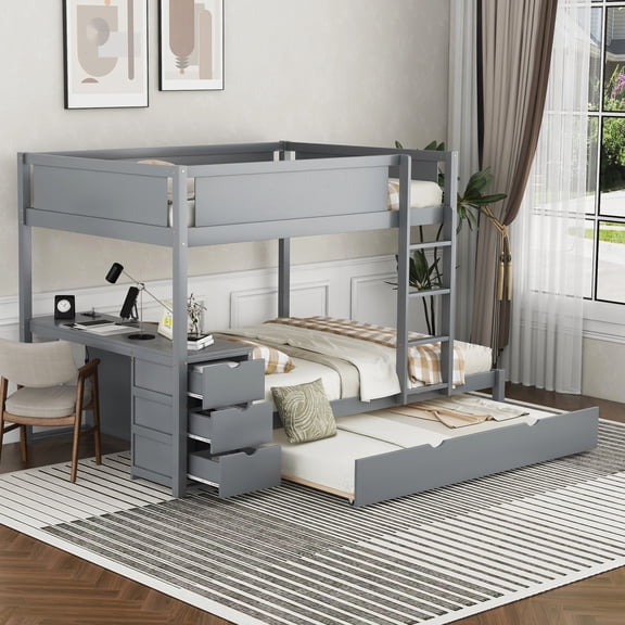 Full-Over-Full Bunk Bed with Twin Size Trundle, Storage and Desk, Gray