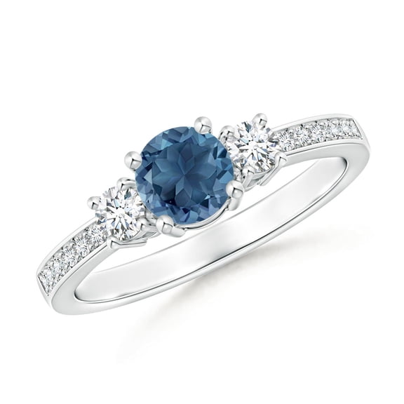 ANGARA Natural Classic Three Stone London Blue Topaz and Diamond Ring in 925 Sterling Silver for Women (Size-5mm) | November Birthstone Jewelry for Women | London Blue Topaz Ring (Ring Size - 7.5)