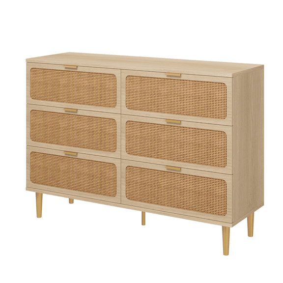 JoanKaren Natural Rattan 6 Drawer Dresser with Deep Drawers,Large Wooden Dresser Chest of Large Storage Cabinet for Bedroom Living Room,Natural