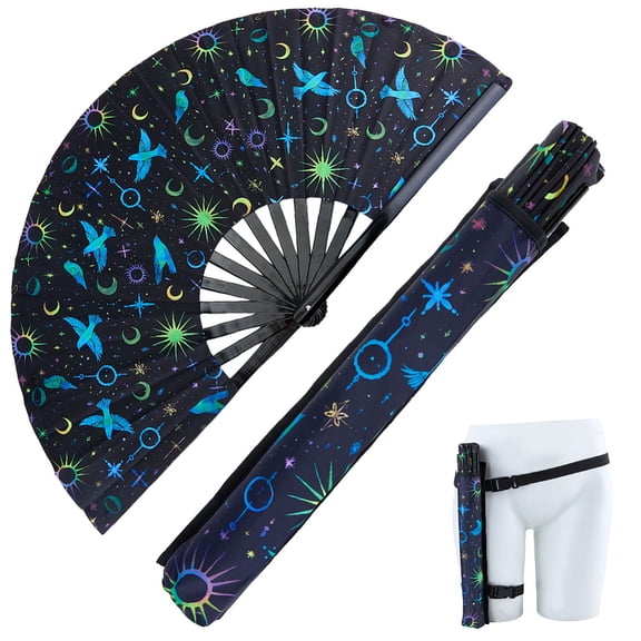 12.6 Inch Large Rave Fan UV Folding Glow Bamboo Adjustable Hand Fan with Bags Belt DIY
