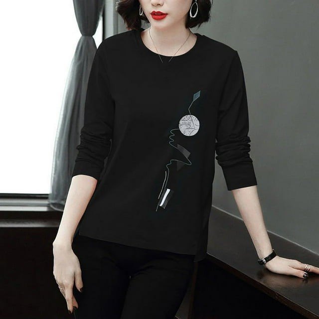 Femmes Casual Manches Longues Imprimé Col Rond Chemisier Dames T-Shirts