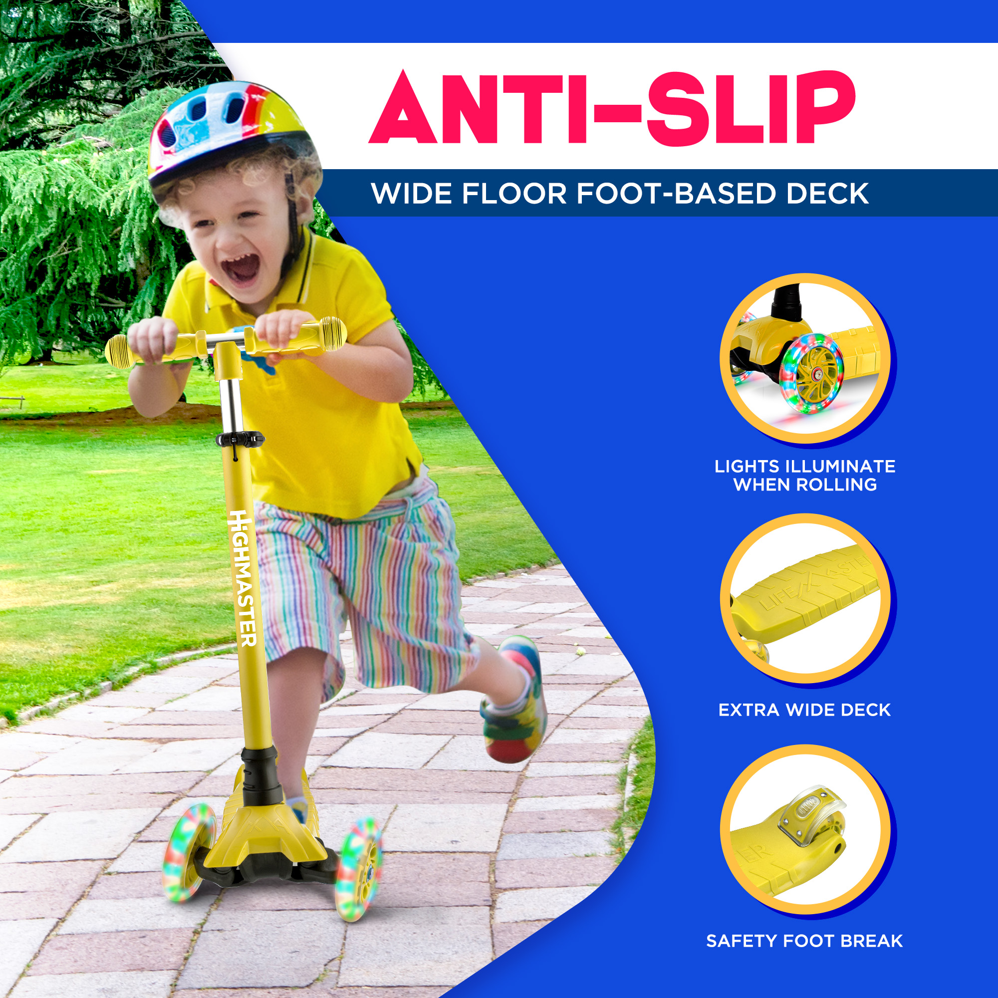Highmaster 3-Wheel Toddler Scooter for 2 to 8 Year Old boy - 3 Wheeled Kids Scooter with Light Up Wheels, Safe and Fun Ride for Kids - Yellow