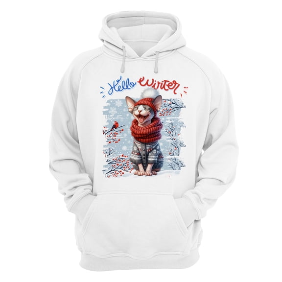 Hello Winter Sphynx Smiling in Red Scarf Hat Welcome Christmas Hoodie Unisex Merch Hoodies Cat Lover Kitten Owner Gifts Idea - 00017