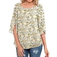 thumbnail image 4 of Nlife Women Floral Leaves Print Round Neck Split 3/4 Sleeve Blouse, 4 of 5