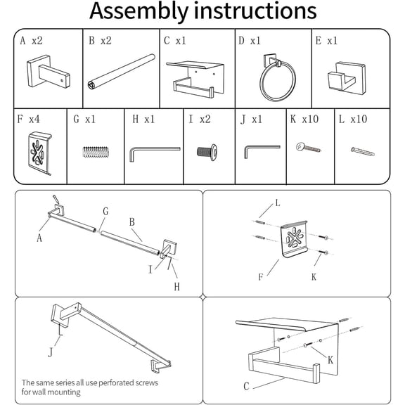 Bathroom Hardware Accessories Set 4-Pieces, Towel Racks for Bathroom Wall Mounted, Stainless Steel 24Inch Black Towel Bar Set, Round Towel Ring, Towel Hook, Toilet Paper Holder with Shelf$$
