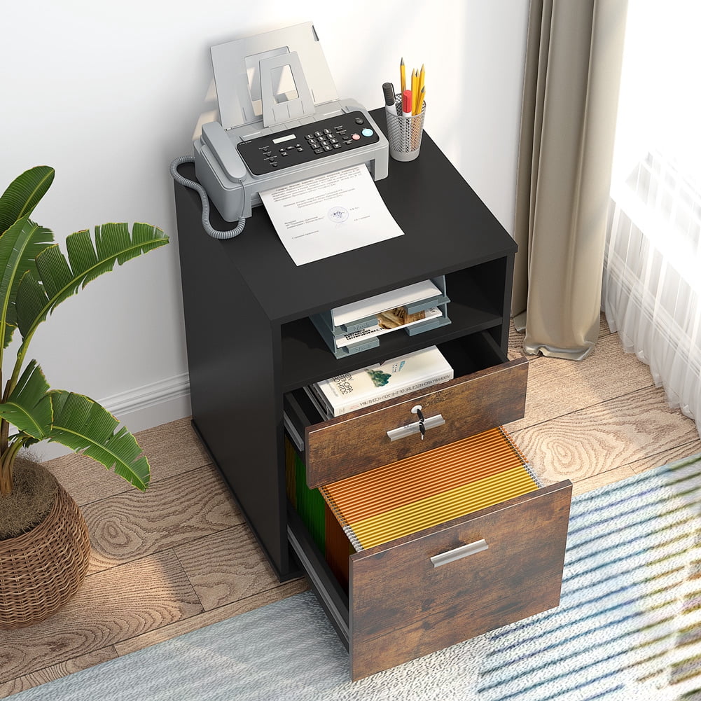 Tribesigns 2 Drawer Mobile File Cabinet with Lock, Wood Rustic Filing Cabinet for Letter Size, Printer Stand with Rolling Wheels and Open Storage Shelf for Home Office (Brown)