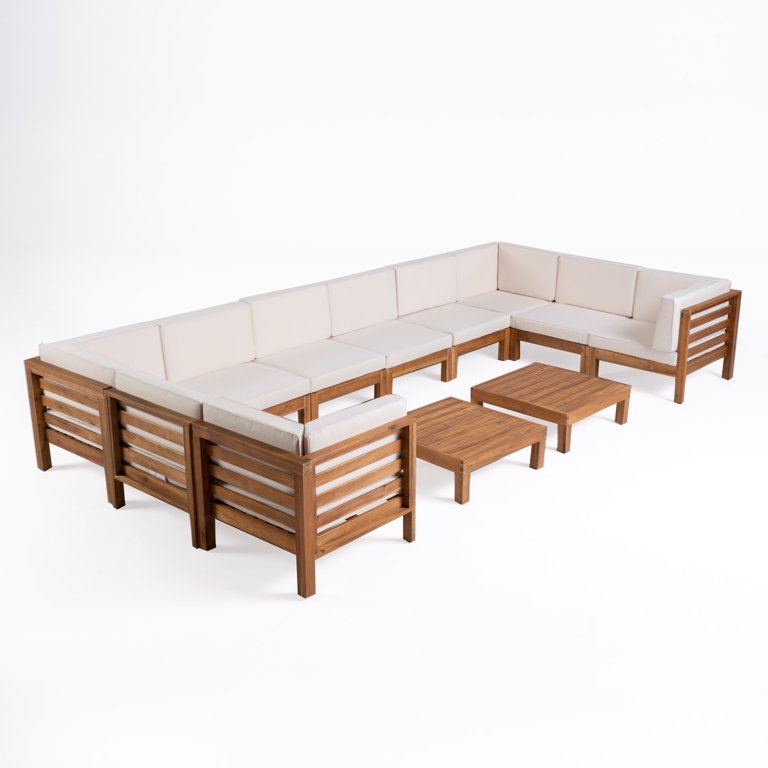 Frankie Outdoor 12 Piece Acacia Wood U-Shaped Sectional Sofa Set with  Coffee Tables and Cushions, Teak, Beige