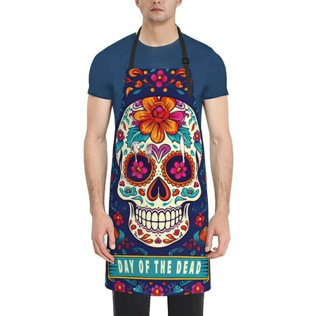 

Qekee Dead Day Party Print Waterproof Apron with Pockets Adjustable Cooking Aprons Kitchen Bib for Baking Household Cleaning