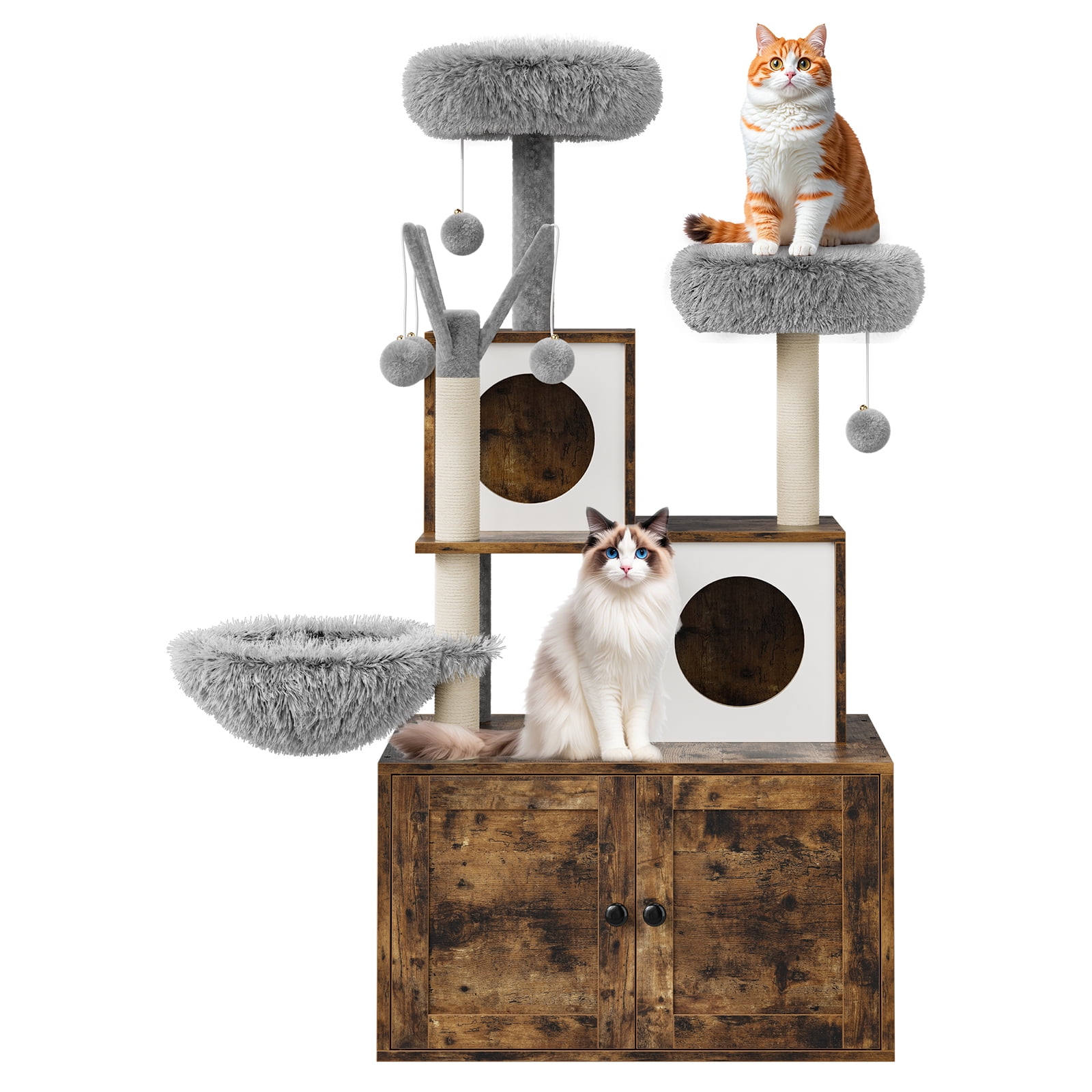 TEQIN Cat Tree with Litter Box Enclosure Furniture,Modern Cat Tower, 53.7’’ H Cat Condo with Sisal Scratching Post and Hammock, Indoor Pet Furniture with Large Platform