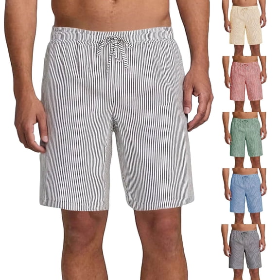Men's Striped Shorts Elastic Drawstring Waist Casual Lounge Shorts Lightweight Breathable Shorts with Pockets for Daily Wear
