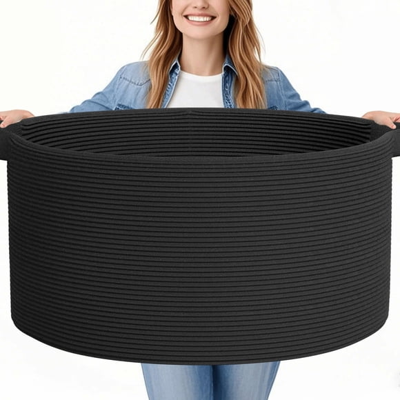 Cesto para Mantas GOPAS 64x41 cm Cuerda de Algodón Negro 2 piezas