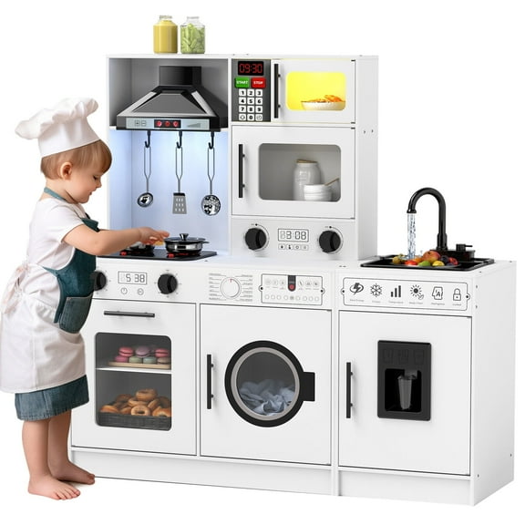 Wooden Kids Pretend Play Kitchen Set Cooking Toys Toddler Gift w/Real Running Water,Sounds,Lights(White)